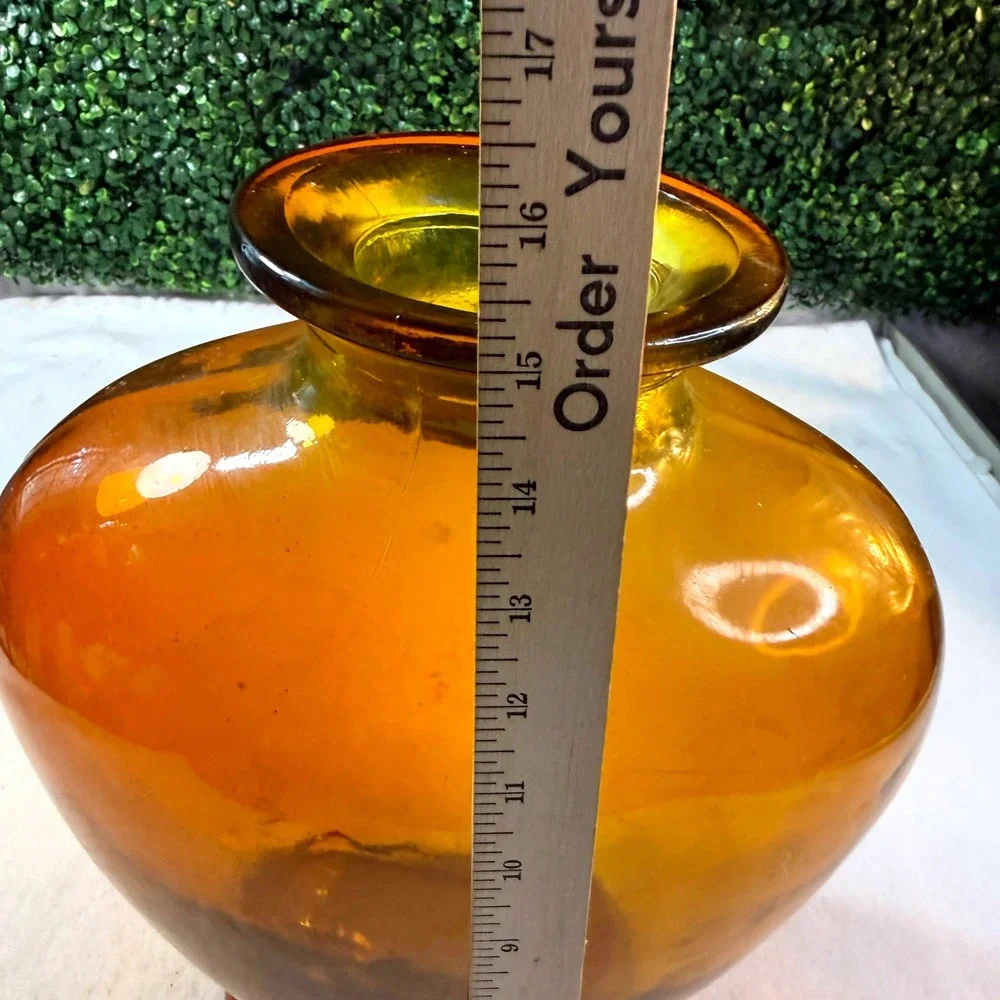 Vintage Large Amber Hand Blown Heart Glass Vase MCM 15
